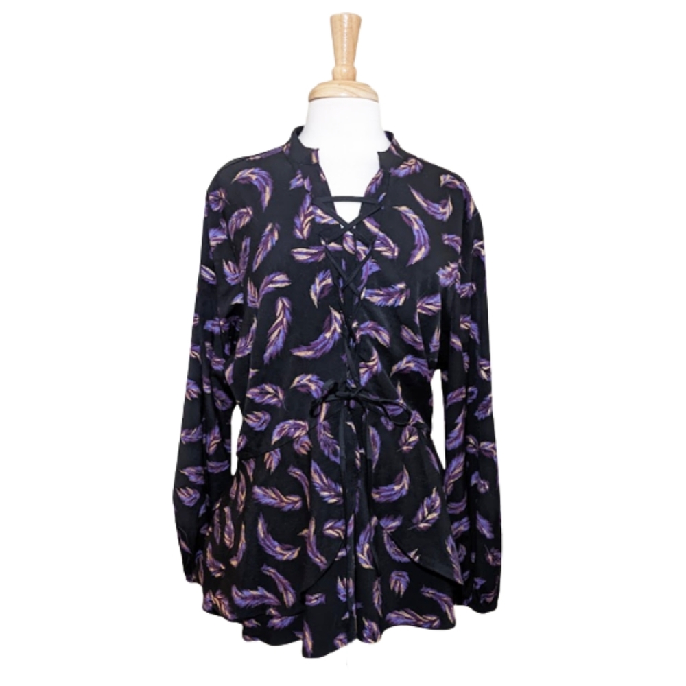 LANE BRYANT Lace Up Feather Print Top w/ Peplum